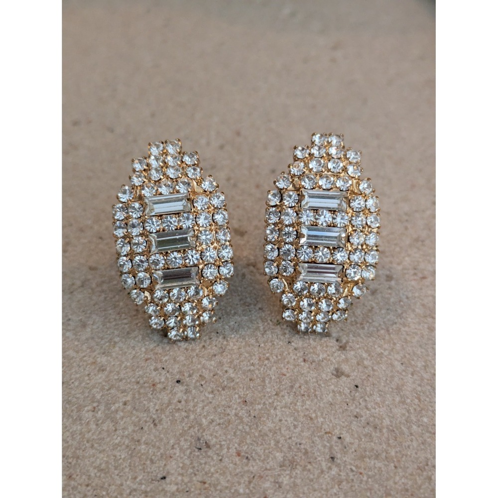 Vintage Clip On Earrings With Pave Baguette Rhinestones Gold Tone Chunky Glam